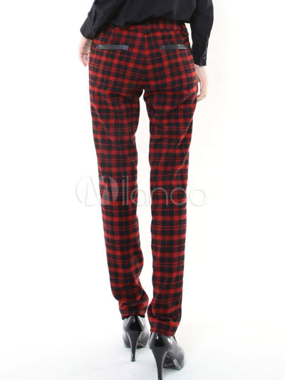 Fashion Black Red Plaid Pattern Cotton Wool Womens Skinny Pants ...