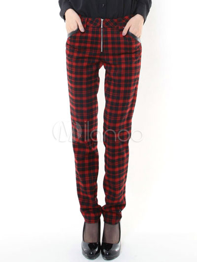 red and black plaid trousers