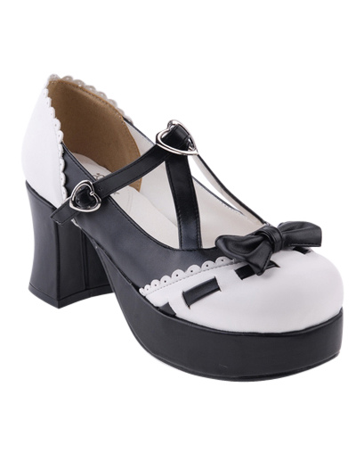 Black White Lolita Chunky Heels Shoes Platform Bow Heart Shape Buckle ...