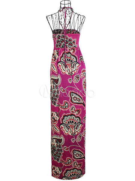 Fuchsia Printing Cotton Halter Women's Maxi Dress - Milanoo.com