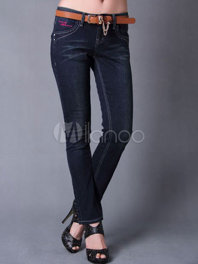 Blue Distressed Cotton Natural Waistline Womens Skinny Pants - Milanoo.com