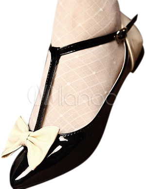 Black Pointed Toe White Bow Buckle T-Strap Patent Leather Womens Ballet ...
