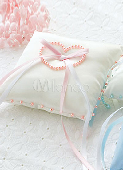 White Satin Pink Heart Shaped Pearls Bow Ring Bearer Pillow