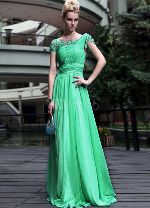 vestido de noche de gasa verde de línea a - milanoo