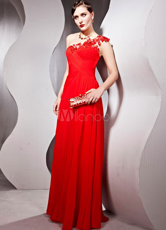Red Embroidery Polyester One-Shoulder Women's Prom Dress - Milanoo.com