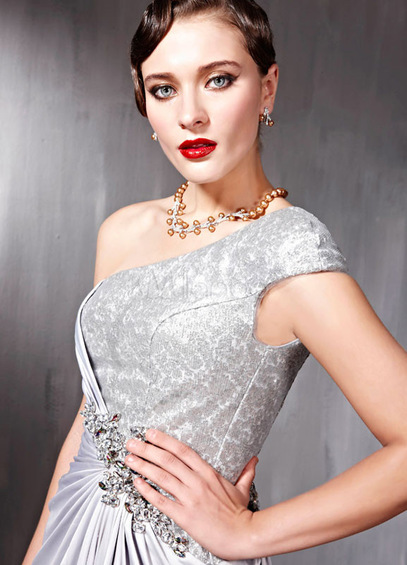Silver One-Shoulder Rhinestone Silk Like Satin Women's Prom Dress ...