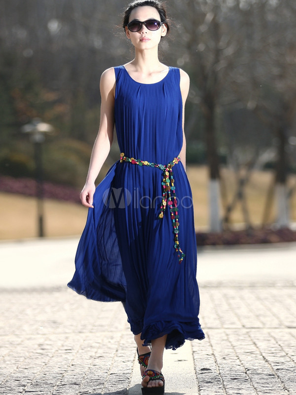 マキシワンピース ロイヤルブルー シフォン エレガント スクープネック ドレープ Milanoo Jp