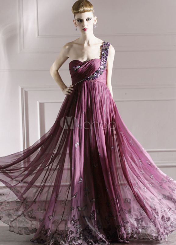 Grape Purple One-Shoulder Rhinestone Chiffon Womens Evening Dress ...