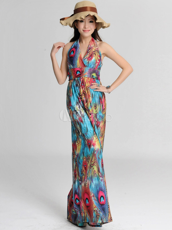 Blue Floral Print Halter Poplin V-neck Women's Maxi Dress - Milanoo.com