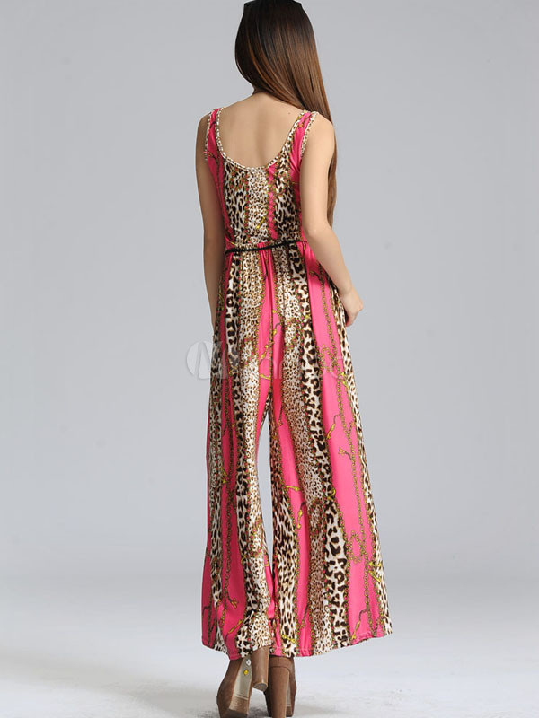 Pink Leopard Print Poplin Vneck Women's Wide Leg Jumpsuit