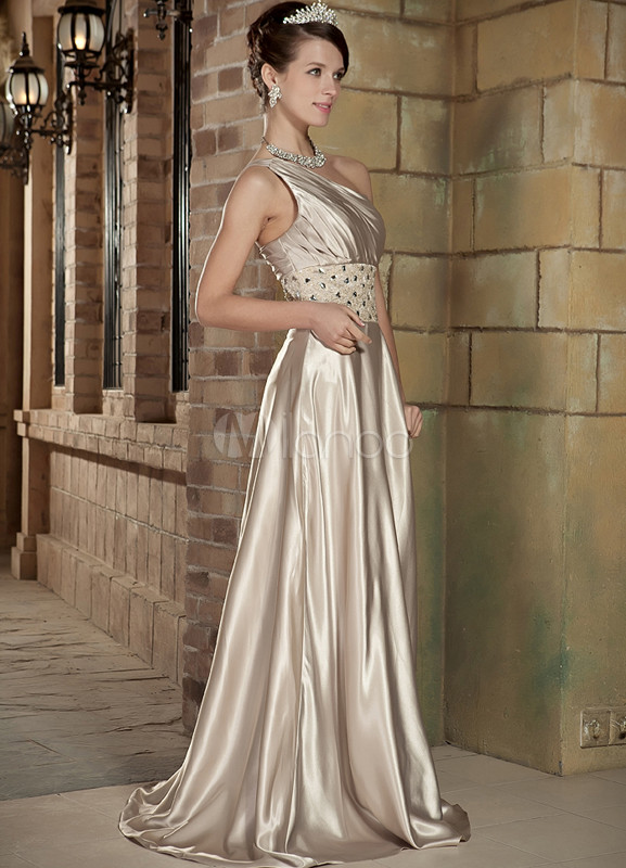 Elegant Champagne Elastic Woven Satin One Shoulder Evening Dress 1993