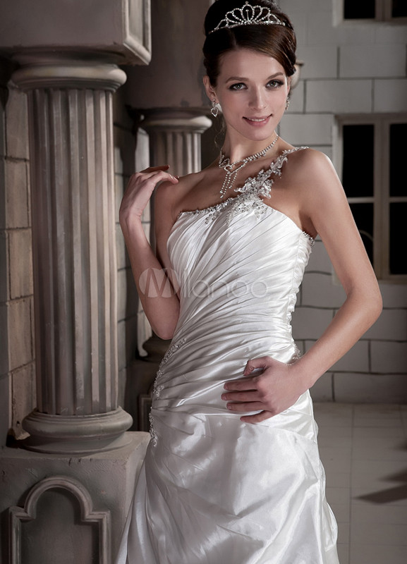 Ivory Beading One-Shoulder Eleastic Woven Satin Evening Dress - Milanoo.com