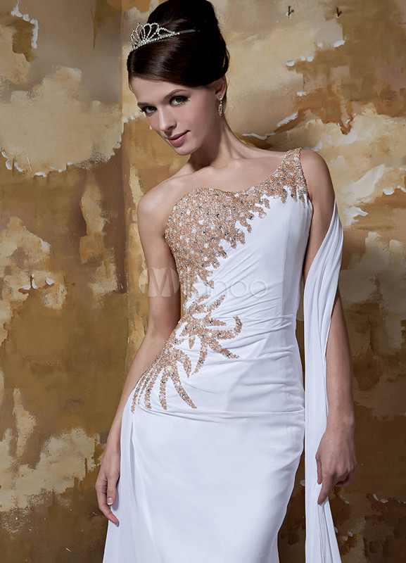 white one shoulder satin dress