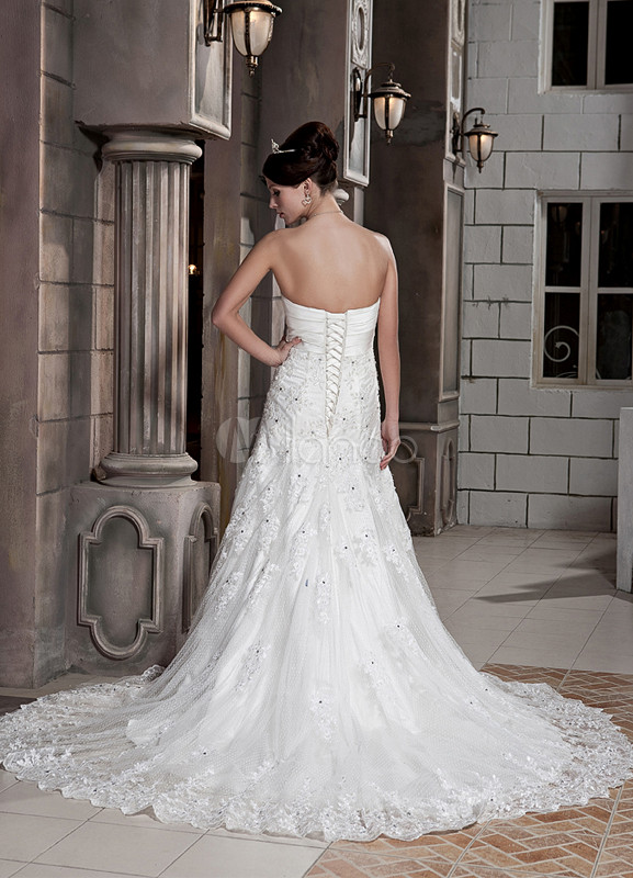 Ivory Floral Lace Strapless Satin A Line Wedding Dress 9004