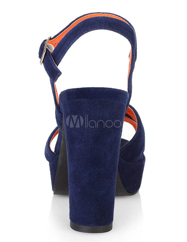 Navy Blue Open Toe Chunky Heel Sheepskin Suede Womens Sandals - Milanoo.com