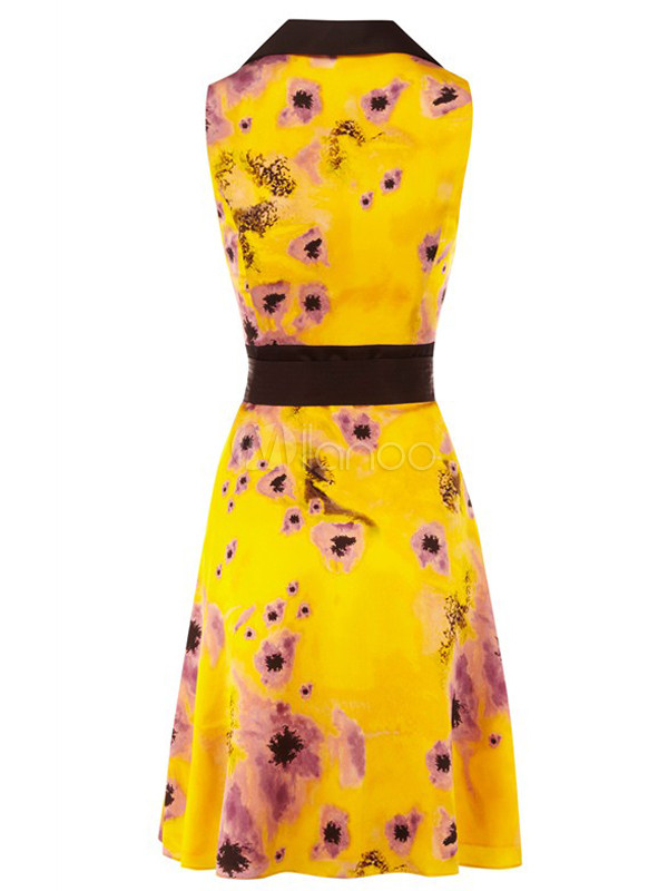 Elegant Yellow Floral Print Silk Like Turndown Collar Women's Dress