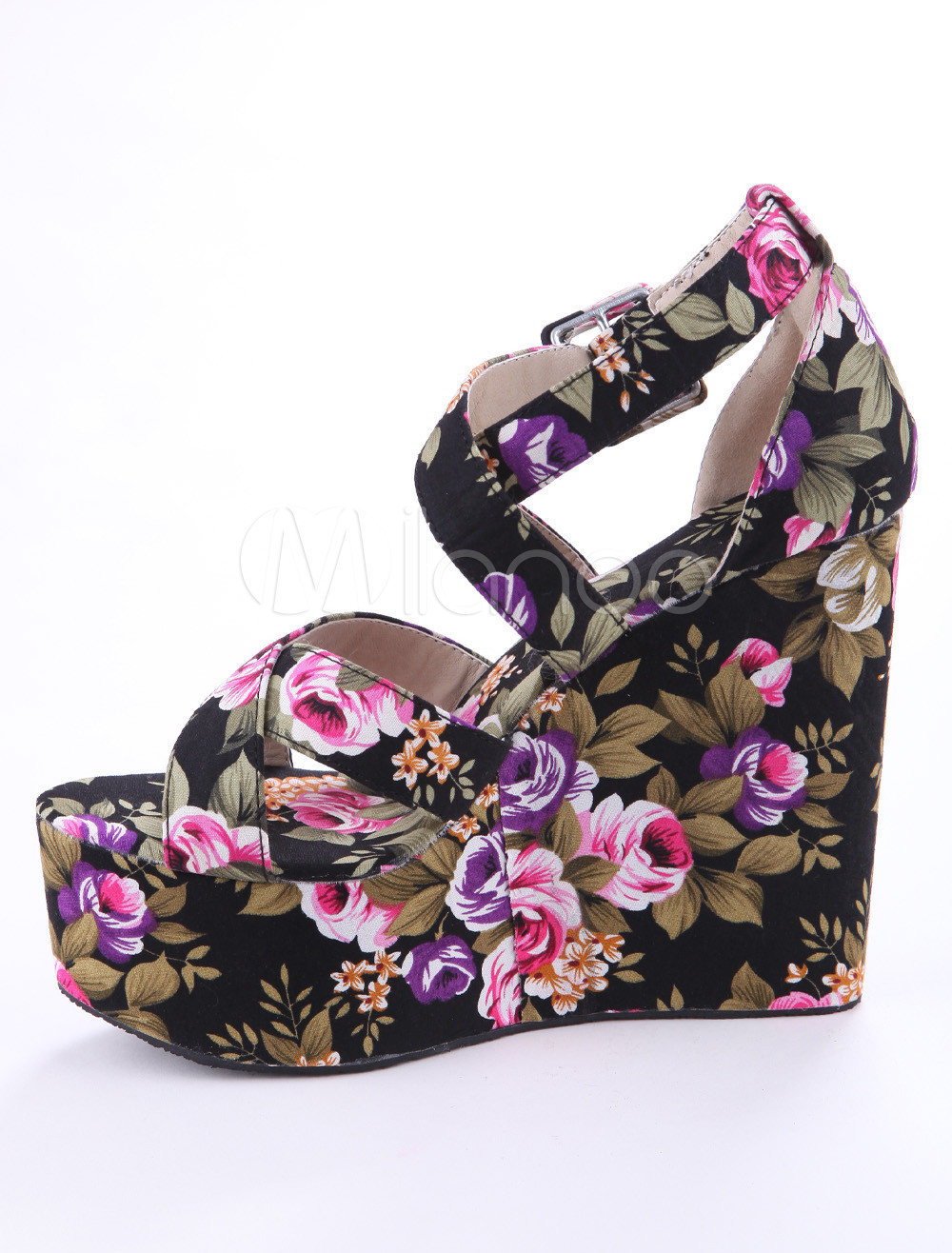 Multi-Color Floral Strappy Cloth Women's Wedge Sandals - Milanoo.com