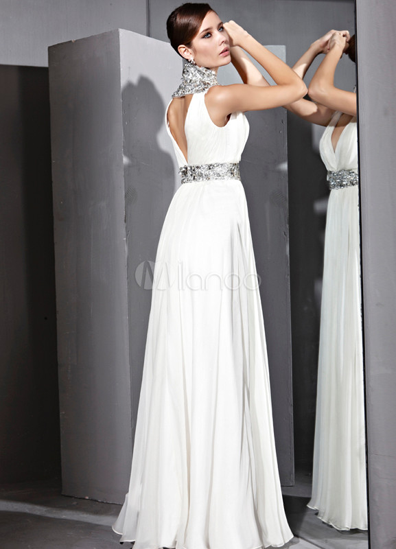 Robe de soir?�e blanche en Soie et Mat Satin?� avec Col en V et Ceinture argent - Milanoo.com