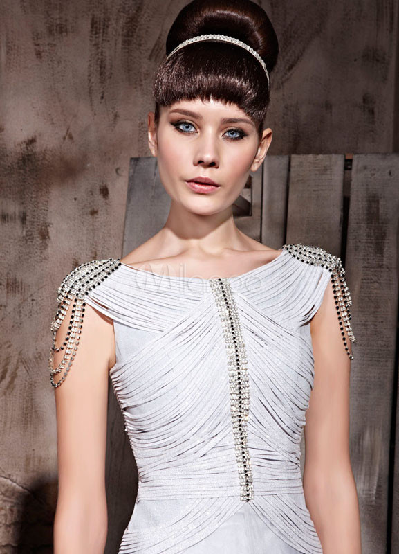 Silver Polyester Silk Chain Jewelry Neck Evening Dress