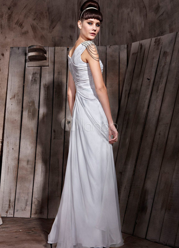 Silver Polyester Silk Chain Jewelry Neck Evening Dress