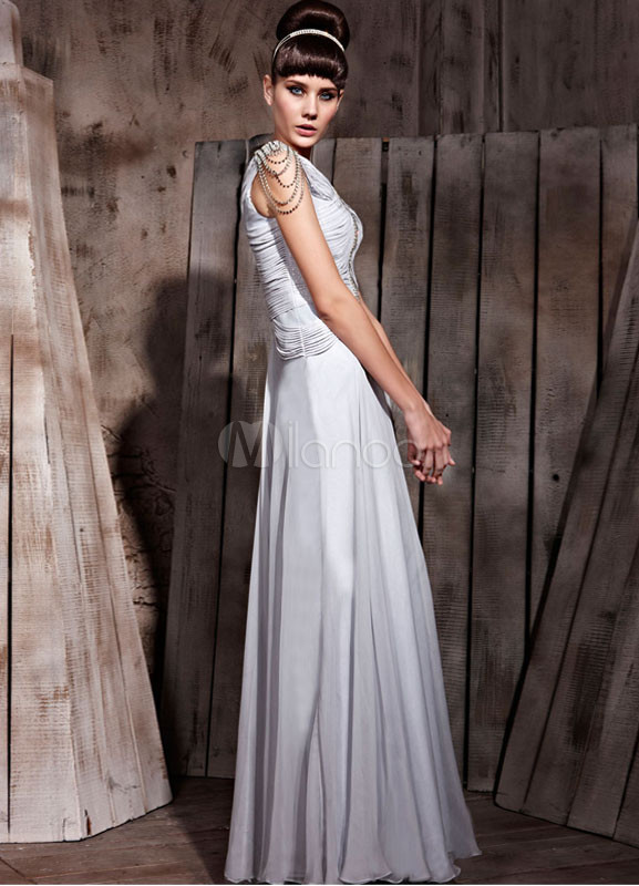 Silver Polyester Silk Chain Jewelry Neck Evening Dress