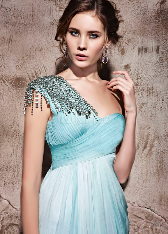 Green Silk Satin One Shoulder Chain Prom Dress