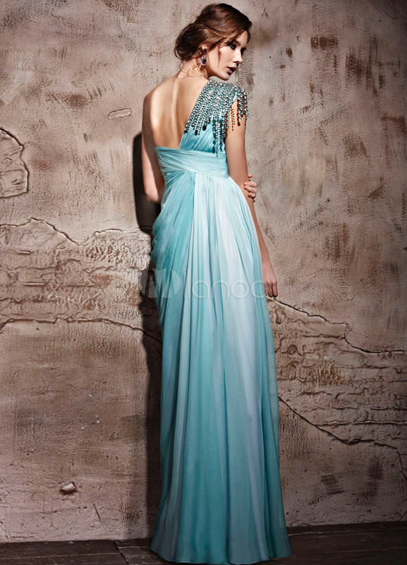 Green Silk Satin One Shoulder Chain Prom Dress