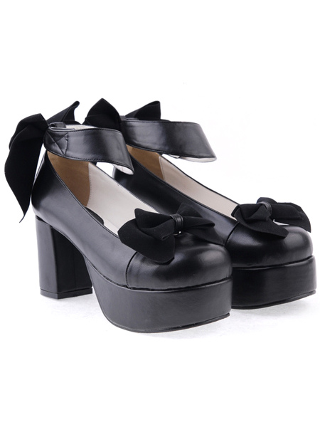 Matte Black Lolita Chunky Heels Shoes Platform Bows Ankle Strap ...