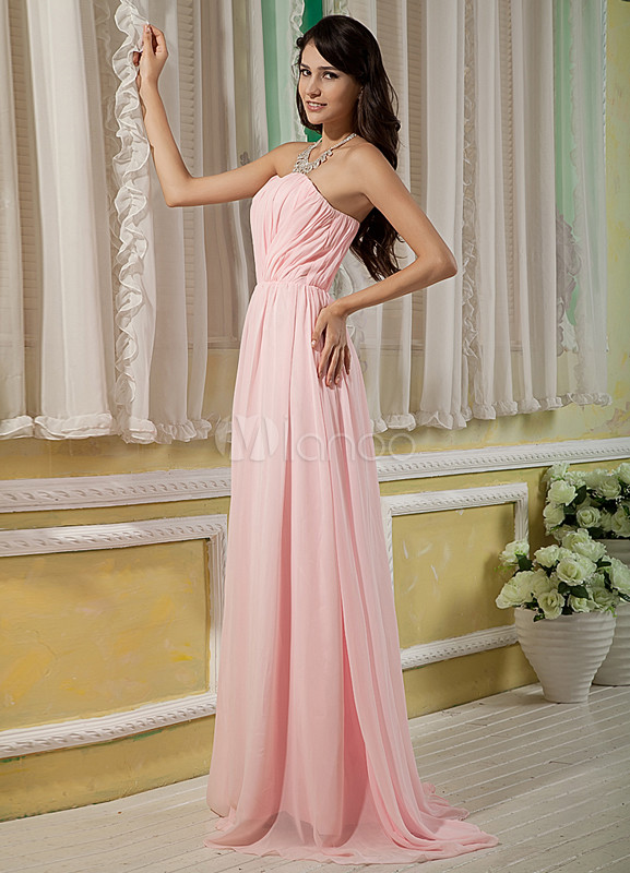 Pink Strapless Floor Length Chiffon Elastic Woven Satin Bridesmaid ...