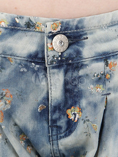 Cute Floral Printed Denim Cloth Women's Shorts - Milanoo.com