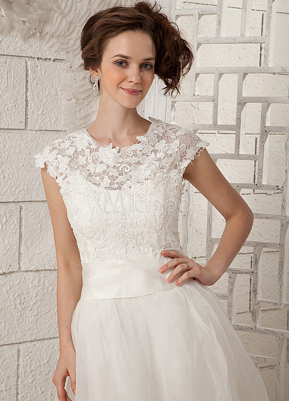 Ivory Satin Organza Lace Round Collar Tea Length A-line Wedding Dress ...