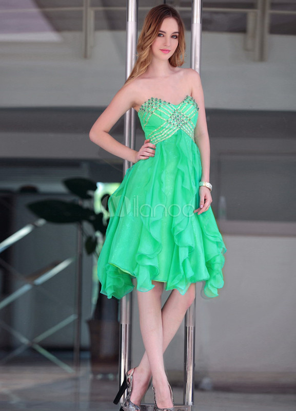 Chiffon Kleid mit Herz-Ausschnitt, Pailletten, Perlenapplikation und  Rüschen in Grün. - Milanoo.com