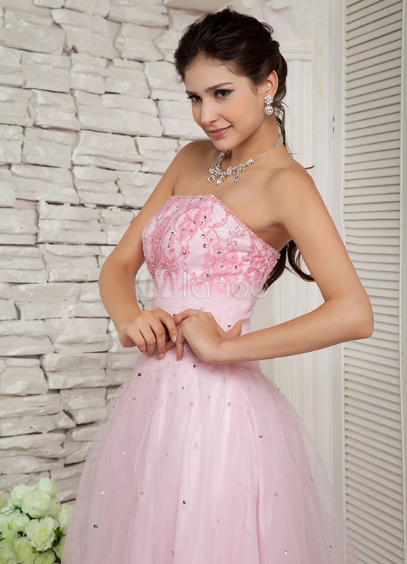 Pink Strapless Lace Satin Woman S Prom Dress