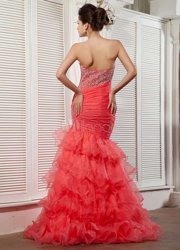 Red Sweetheart Sequin Organza Satin Womans Prom Dress 9582