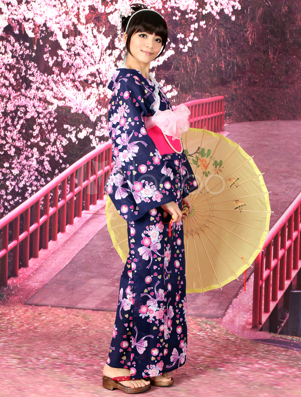 Dark Navy Blue Sakura Print Cotton Slub Women's Kimono - Milanoo.com