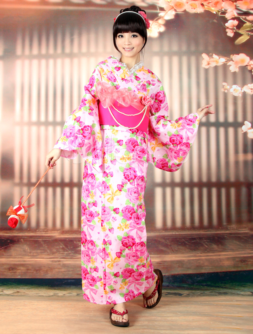 Pink Rose Print Kimono