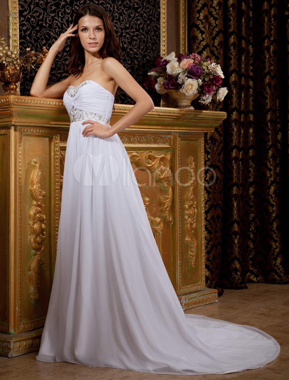 White Sweetheart Empire Waist Embroidery Chiffon Wedding Dress