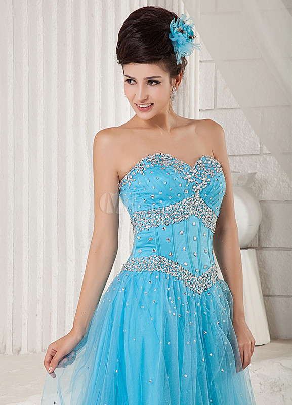 Blue Sweetheart Rhinestone Sequin Satin Net Prom Dress
