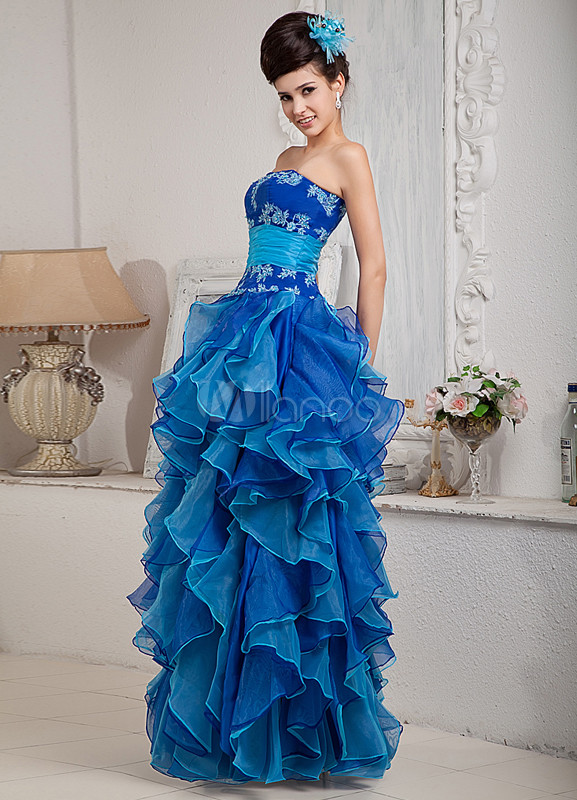 Blue Strapless Ruffles Organza Elastic Woven Satin Prom Dress