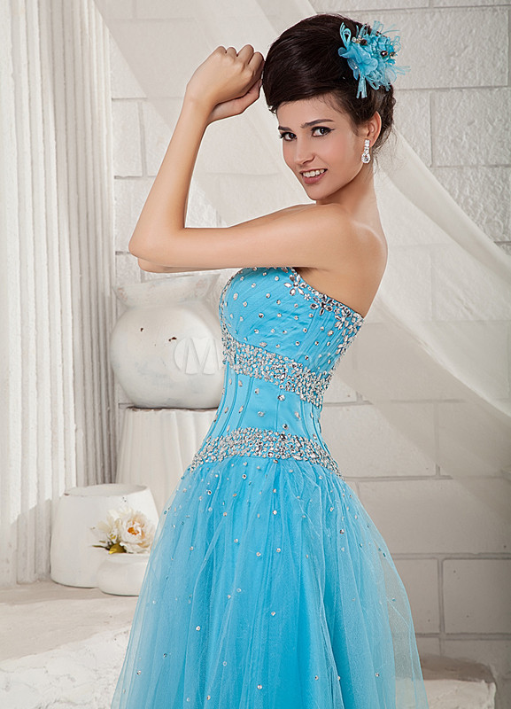 Blue Sweetheart Rhinestone Sequin Satin Net Prom Dress - Milanoo.com
