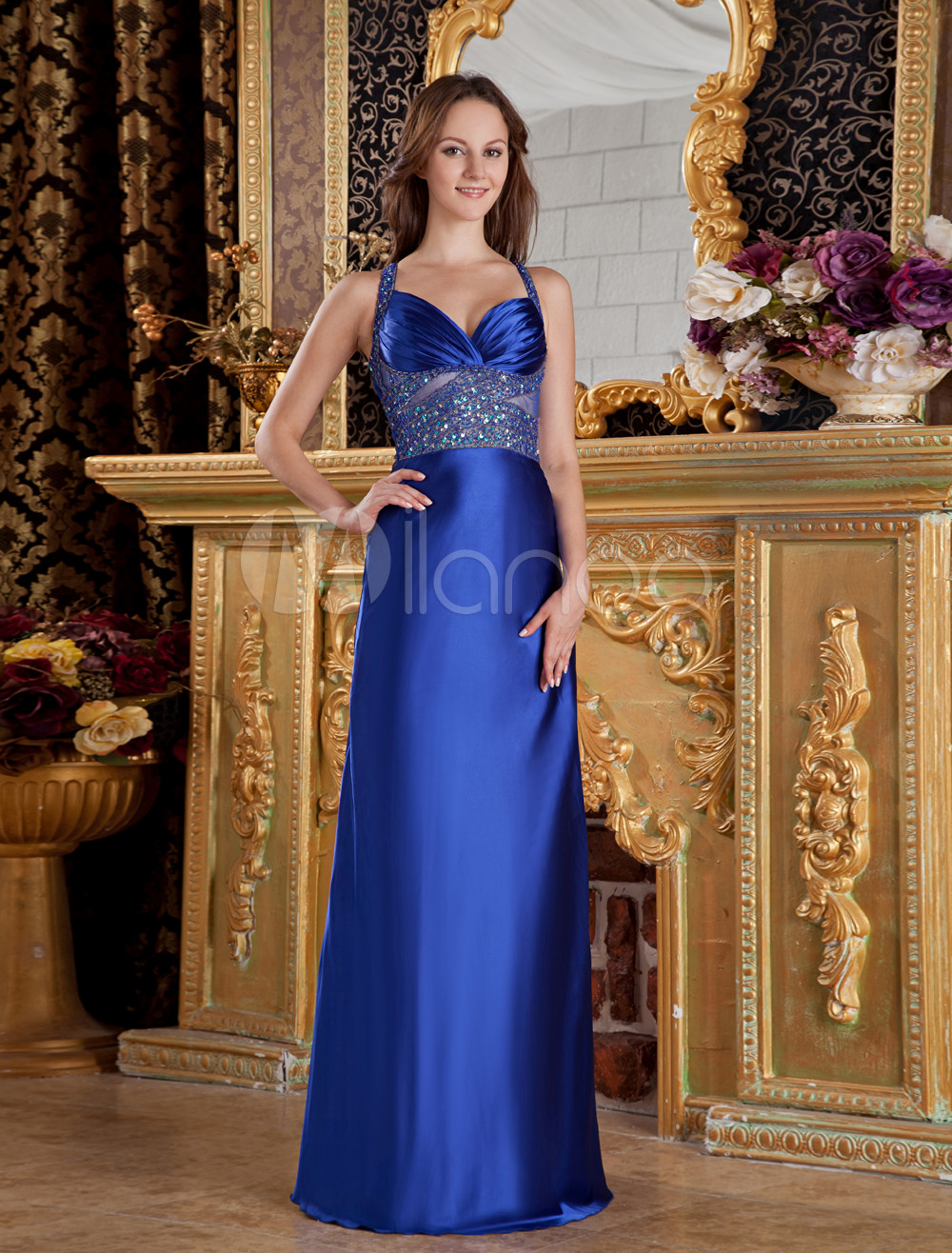 Royal Blue A-line Sequin Beading Satin Evening Dress - Milanoo.com