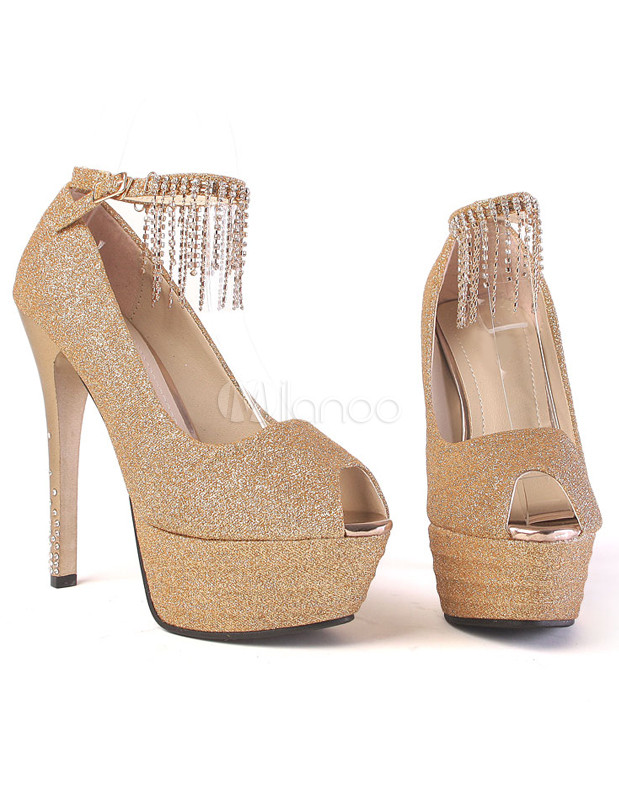 gold glitter ankle strap block heels
