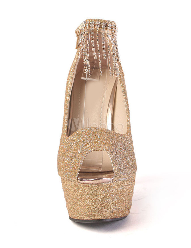 Gold Ankle Strap Glitter Rhinestone Chain Satin Woman's High Heels