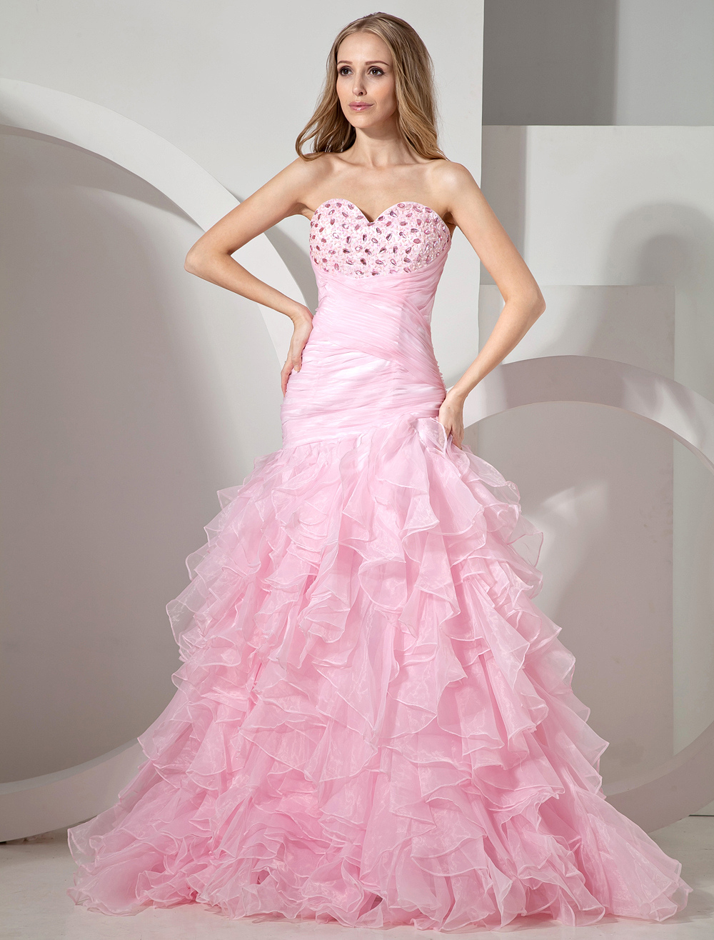 Pink Strapless Ruffles Organza Woman's Prom Dress - Milanoo.com