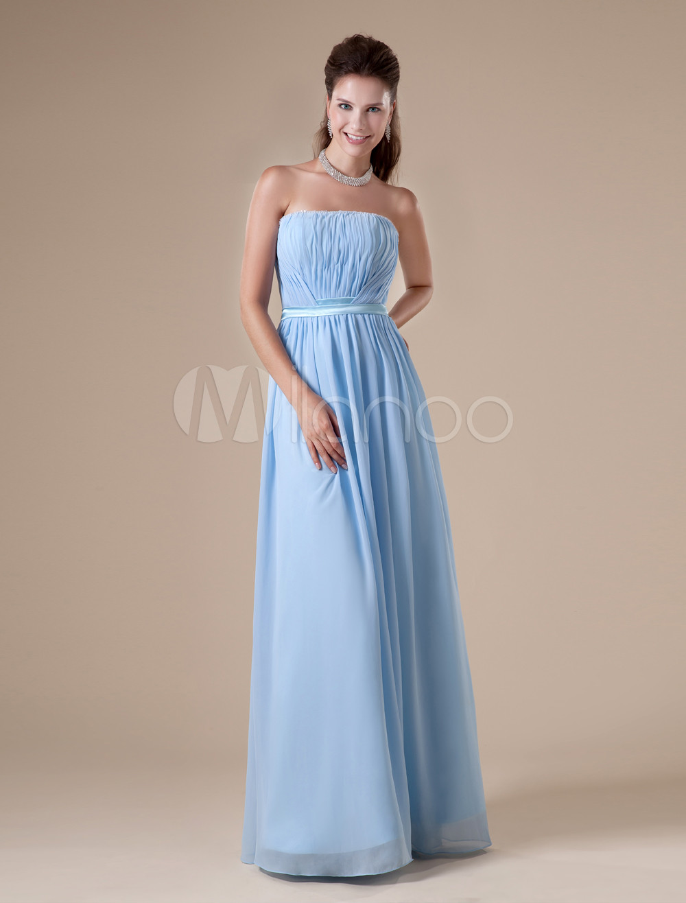 Apricot Sky Blue A-line Strapless Chiffon Floor-length Bridemaid Dress ...