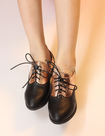 Color de cuero estrenando zapatos Oxford de la mujer de encaje arriba de  bloqueo - Milanoo.com