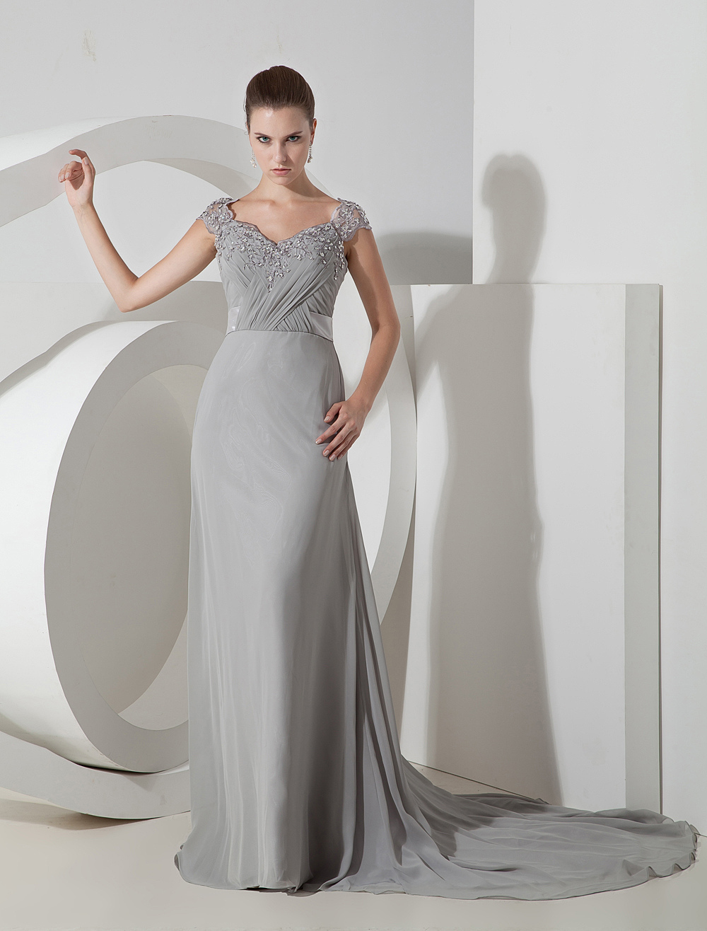 Silver Chiffon Applique Floor Length Evening Dress - Milanoo.com