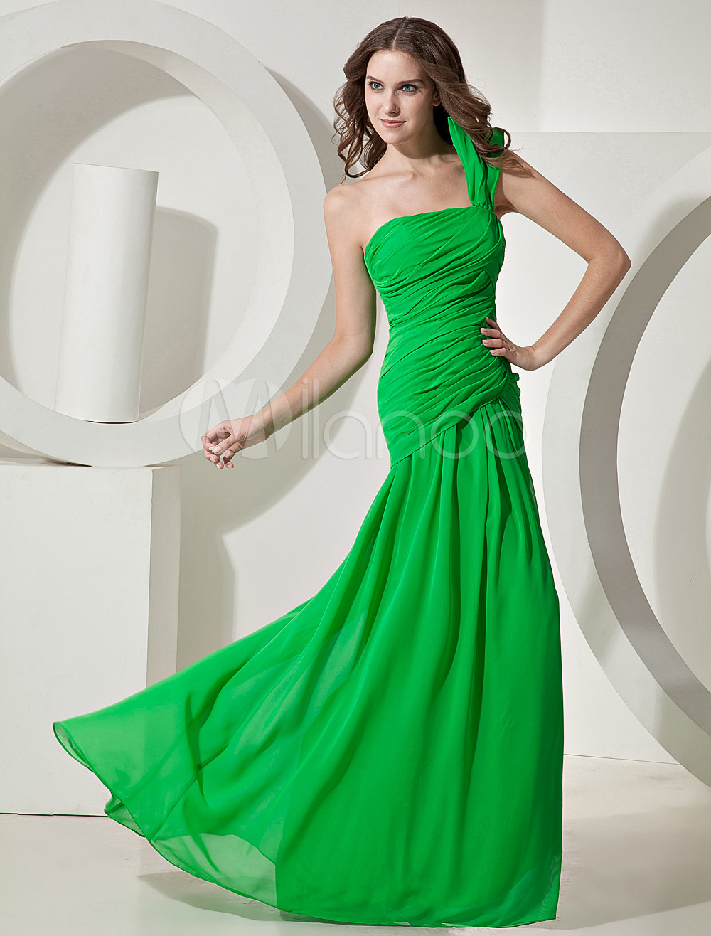 Forest Green One-Shoulder A-line Chiffon Prom Dress - Milanoo.com