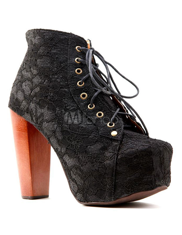Romántica encaje negro encaje grueso talón hasta botines - Milanoo.com