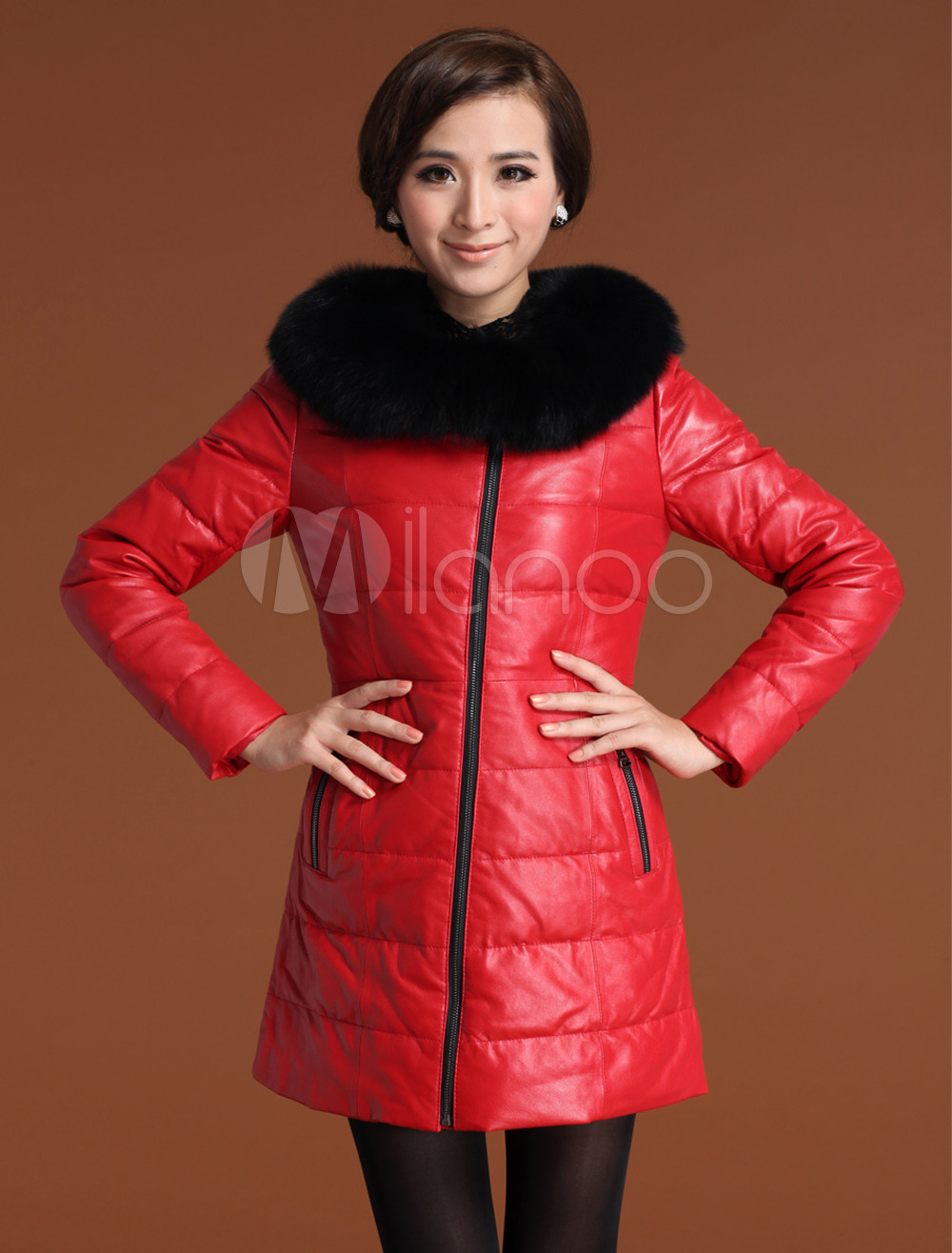 Shaping Red Sheepskin Duck Down Fox Fur Collar Women's Fur Coat ...